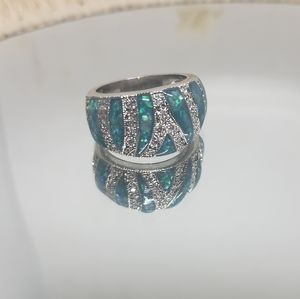 Silver Teal & Green Iridescent Enamel Ring Size 6.5.